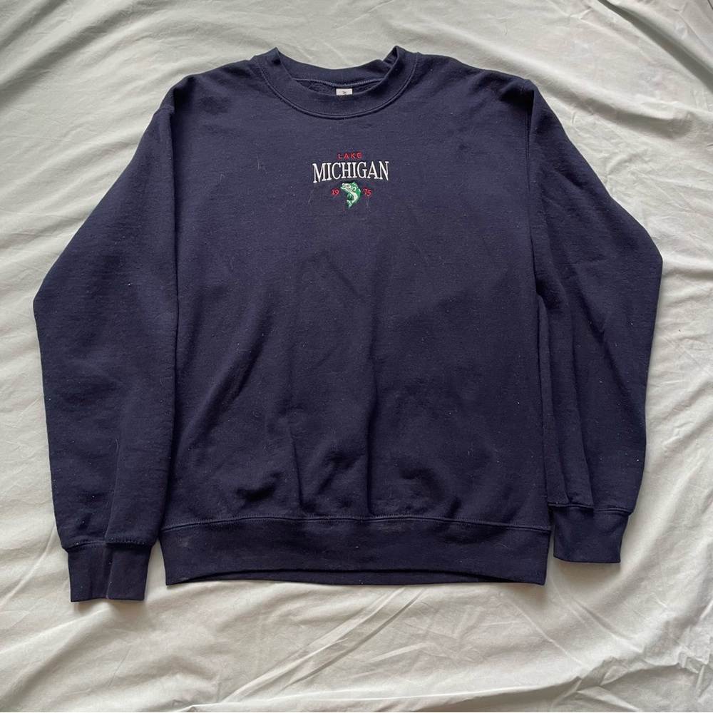 Lake Michigan embroidered navy blue sweater